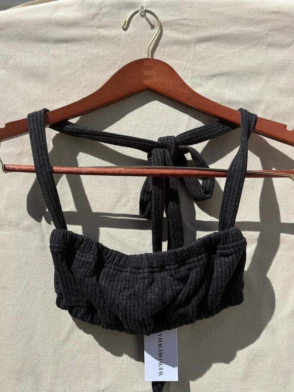 We Wore What Tie Halter Bra Top Ribbed Knit Crop Top Charcoal Size XS